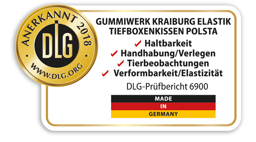 DLG-Siegel anerkannt Haltbarkeit, Handhabung/Verlegen, Tierbeobachtungen, Verformbarkeit/Elastizität - Made in Germany